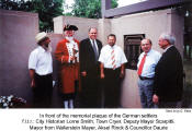 In front of the memorial plaque of the German settlers - f.l.t.r.: City Historian Lorne Smith, Town Cryer, Deputy Mayor Scarpitti, Mayer from Wallerstein Josef Mayer, Aksel Rinck & Councillor Daurie   [photo sent in by C. Klein]