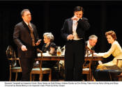 Benedict Campbell as Inspector Goole, Mary Haney as Sybil Birling, Andrew Bunker as Eric Birling, Peter Hutt as Arthur Birling and Moya O'Connell as Sheila Birling in An Inspector Calls.   [photo: Emily Cooper]